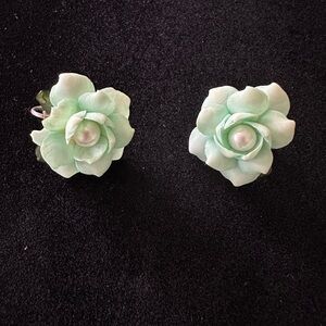 Green Floral clip Earrings with Intricate Design